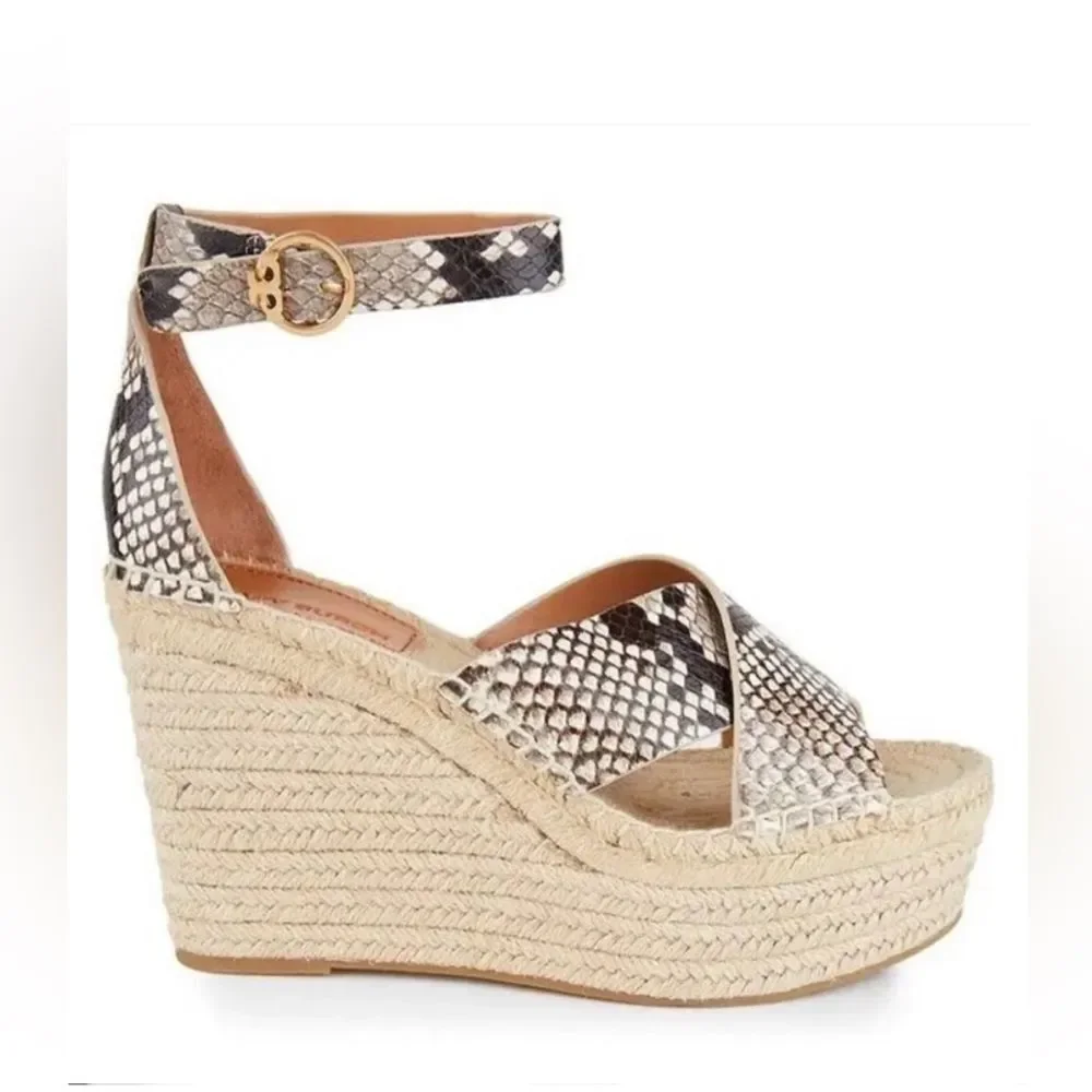 Tory Burch Shelby Snakeskin-Embossed Leather Espadrille Sandals, New, Size11